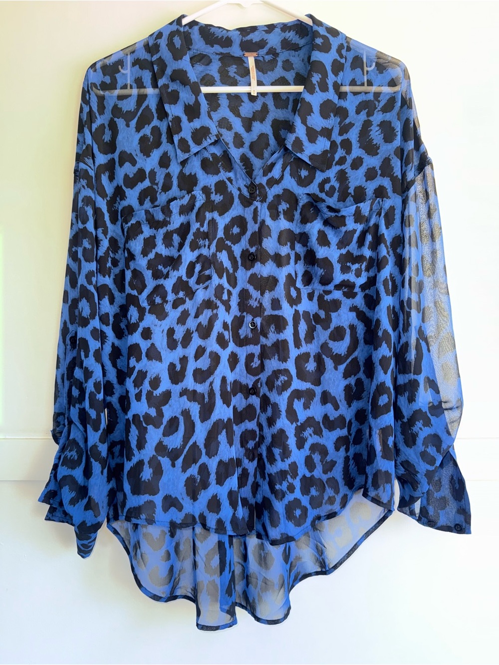 Free People Sheer Blue Leopard Print Button Down Blouse Hi-Lo Roll-Tab Sleeve M